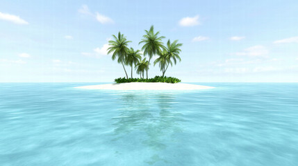 Tropical island with palm trees surrounded by calm blue ocean water under clear sky