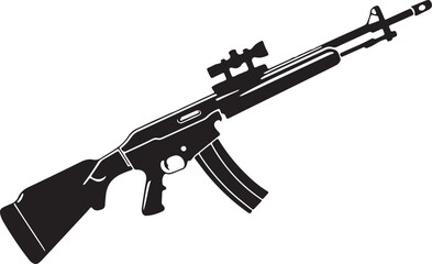 Image is a vector illustration of a firearm specifically a rifle depicted in a solid black silhouette style 