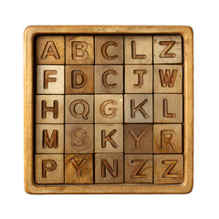 Wooden alphabet blocks arranged in a grid.