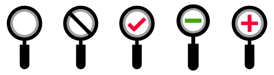 Magnifying Glass Icons Set of Five Versatile Search Symbols for UI Design, Representing Accept, Reject, Add, Remove, and Search Functions