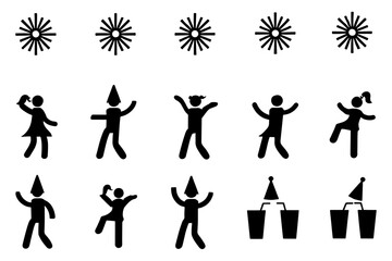 Collection of Diverse Party Icons Silhouettes of People Dancing, Celebrating, and Festive Sunburst Symbols - Perfect for Invitations, Websites, and Social Media