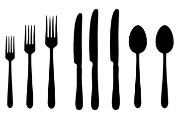 Silhouette Cutlery Set Forks, Knives, Spoons - Simple Black and White Vector Illustration