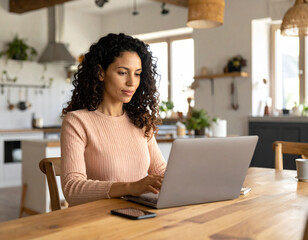 Hispanic female entrepreneur working from home caf&eacute;, laptop open, natural concentrated expression, comfortable clothing, authentic work environment, natural lighting, real small business moment, candi