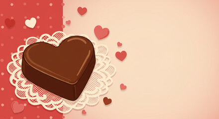 Flat illustration of a chocolate heart on lace with floating hearts in warm red and cream colors for playful romantic design