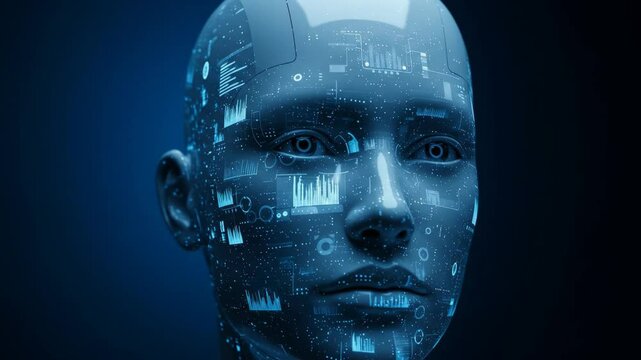AI Robot Face with Data Overlay - Close-up view of a robotic face with a holographic display showing data streams, graphs, and digital information.