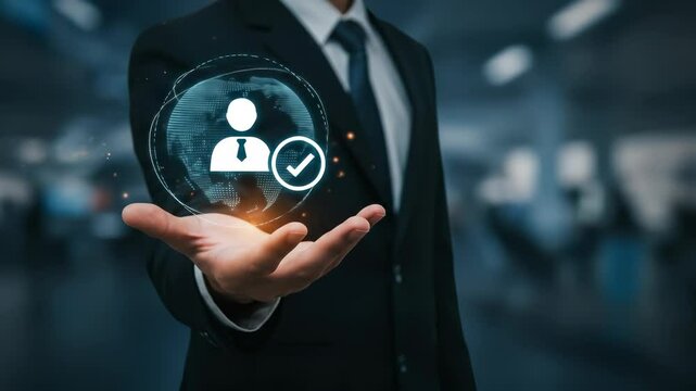 Business Man Holding Global User Profile with Checkmark: Digital Identity Management, HR, & Compliance Solution