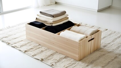 Wooden storage box with folded linens and rug creating a minimalist and organized aesthetic