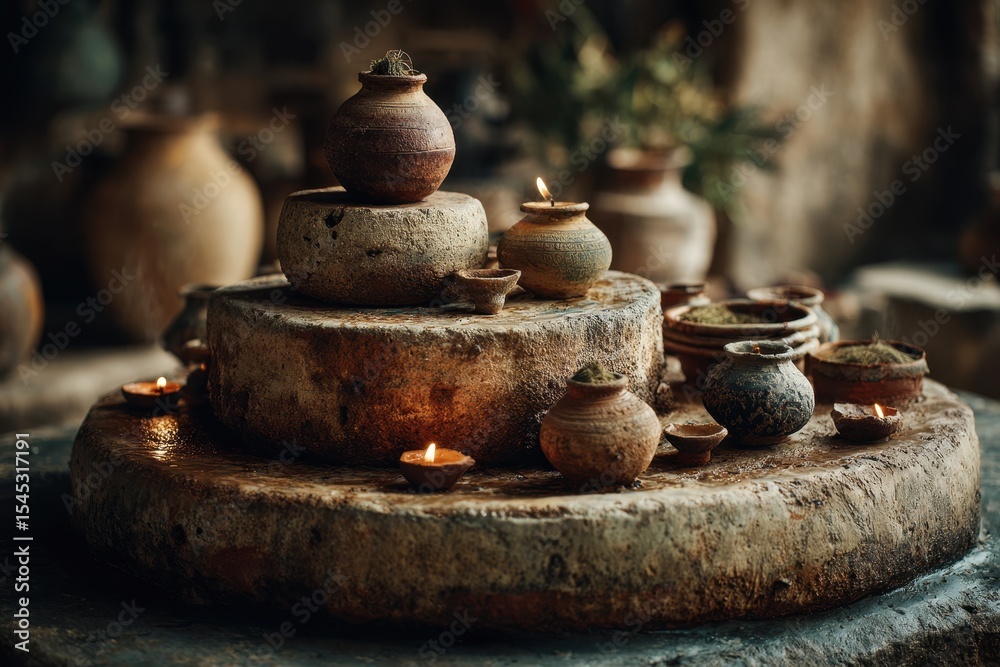 Poster Handmade ceramic vessels arranged on rough stone platforms with shadows, creating a rustic still life setting