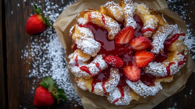 Funnel cake with powdered sugar and strawberry sauce, overhead fast food style 
