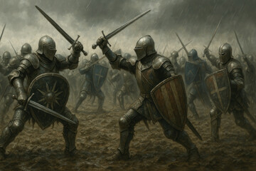 A group of knights standing in the rain.