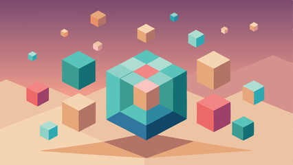 Obraz premium Abstract geometric composition of cubes and shapes with gradients and transparency