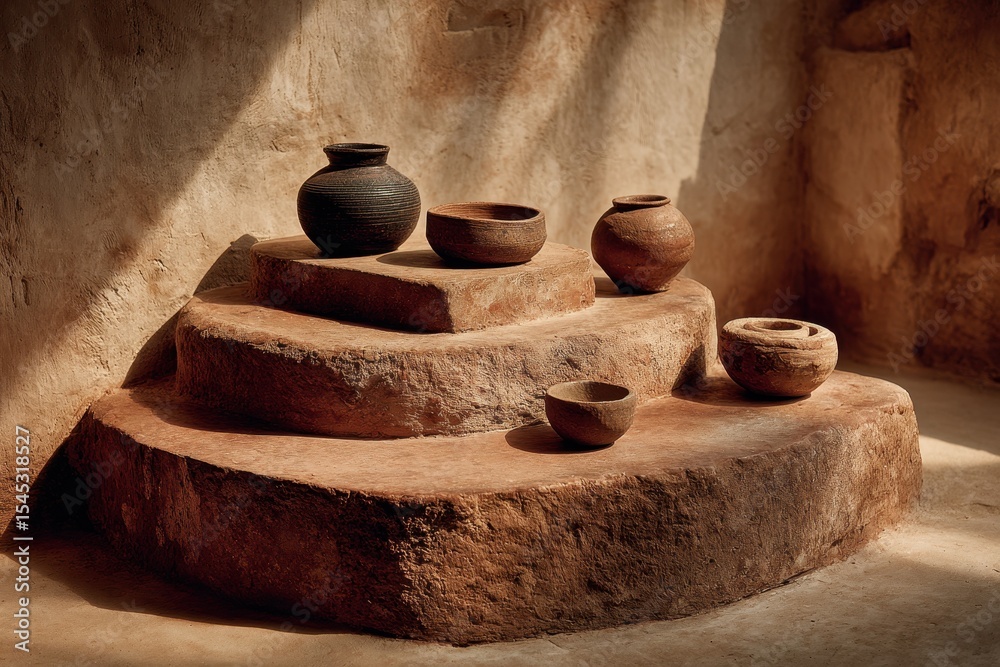 Aufkleber Handmade ceramic vessels arranged on rough stone platforms with shadows, creating a rustic still life setting