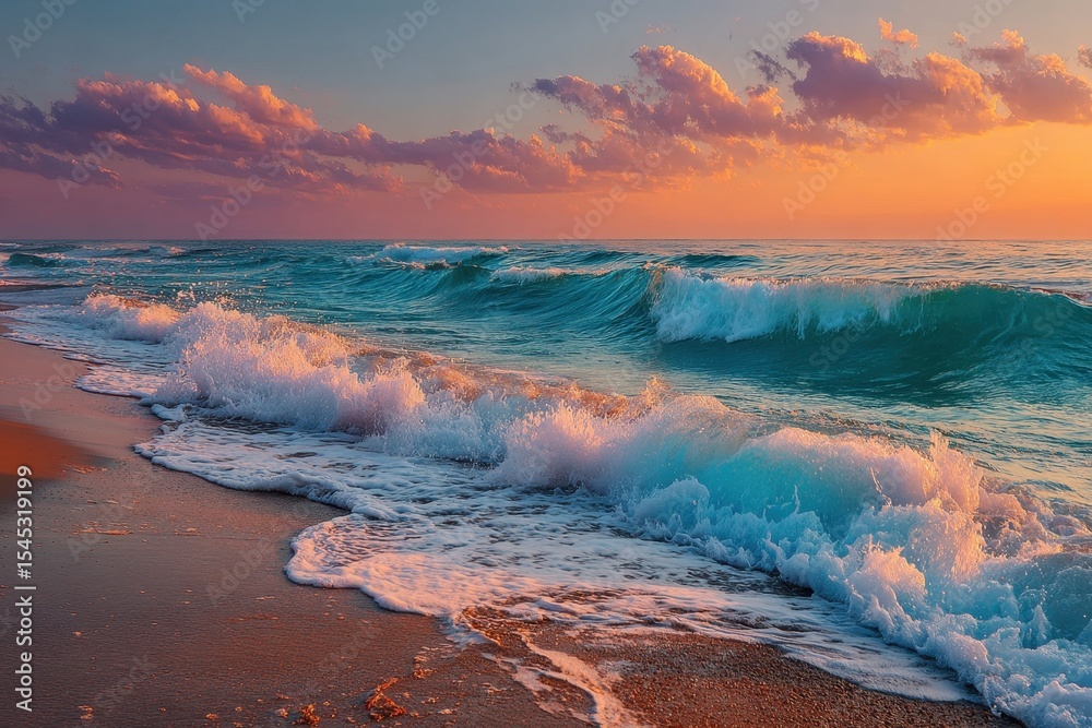 Aufkleber waves crashing on a sandy beach during a beautiful colorful sunset in the golden hour at the coastli