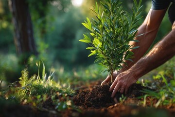 Person planting a young tree in a vibrant green forest during the day, promoting environmental sustainability and care for nature