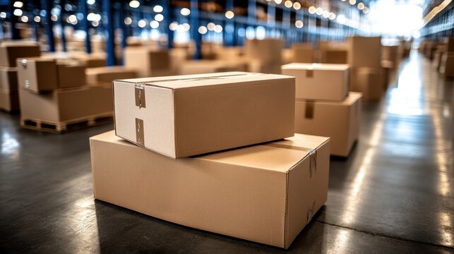 Cardboard boxes stacked in a large warehouse with high shelves.