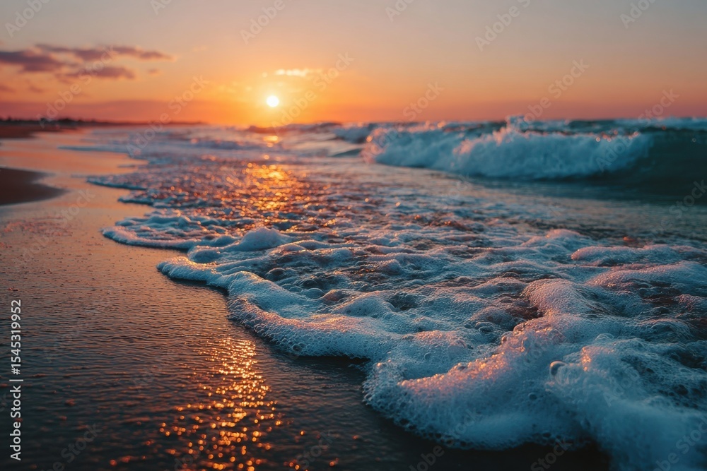 Aufkleber waves crashing on a sandy beach during a beautiful colorful sunset in the golden hour at the coastli
