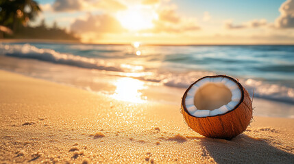 Split coconut lies on golden sand near ocean waves at tropical beach during beautiful glowing sunset with reflections.