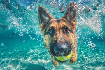 Close-up underwater shot of German Shepherd chasing yellow tennis ball in clear blue pool with splash and bubbles.