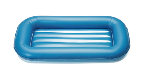 Inflatable blue pool bed float isolated on white background for summer and swimming themes.