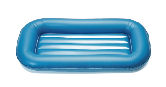 Inflatable blue pool bed float isolated on white background for summer and swimming themes.