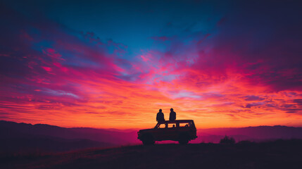 Two silhouetted figures sit on SUV at hilltop during dramatic red and blue sunset sky filled with textured evening clouds.
