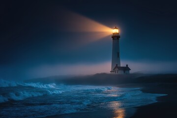 Coastal lighthouse standing tall at night with beacon illuminating the dark ocean waves and fog