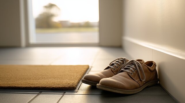 Elegant brown shoes placed near a doormat by a sunny entrance - Powered by Adobe