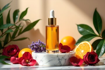 Orange Transparent Serum Bottle. Luxury Skincare Product Display with Dropper, Citrus, Lavender, and Rose Accents in Studio Light and Botanical Leaves.