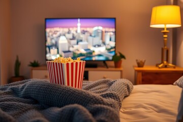 Cozy night in watching tv with popcorn on the bed