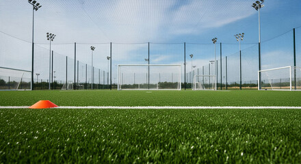 Vibrant artificial turf football field with goals