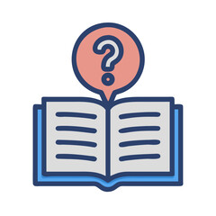 Flat icon of open book with floating question mark above it. Vector illustration on white background. 