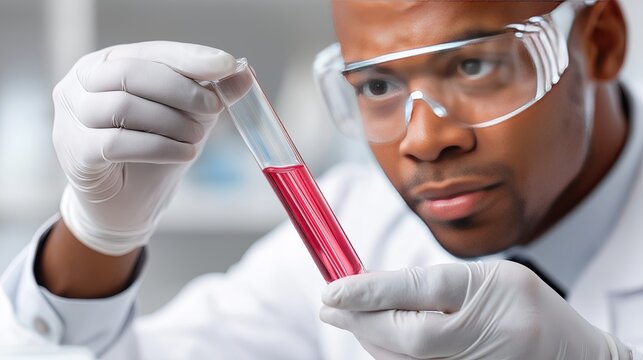 Scientist examines red liquid in test tube during laboratory research