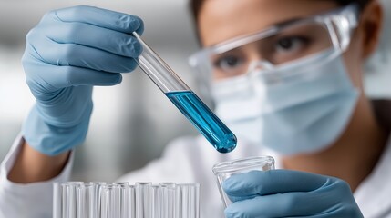 Scientist conducts experiment in laboratory using test tubes and blue liquid