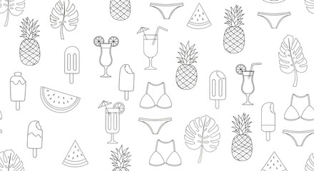 Outlined summer themed pattern with pineapples swimwear drinks watermelon ice cream and leaves.