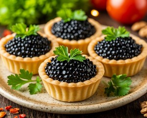 Tartlets with black caviar. A beautiful and original appetizer for the festive table.