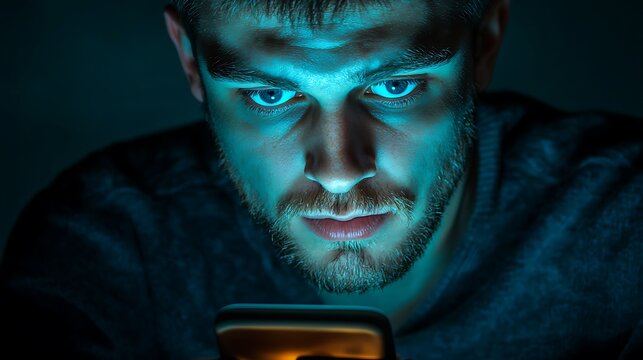 Close up of a man with a beard looking intently at a phone screen in a dark blue room