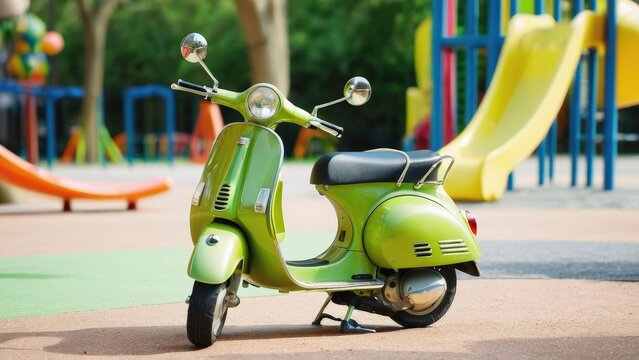 Child-sized Vespa in playful lime green parked near the entrance of a vibrant urban playground. Swings and slide slightly visible in the background, perfect for family fun. - Powered by Adobe