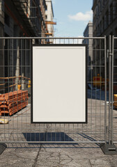Blank poster frame mockup on a temporary fence at a construction site in an urban street
