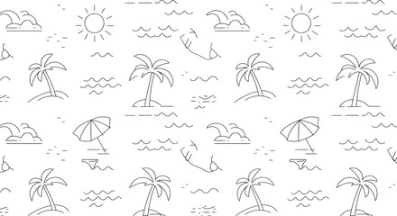 Seamless Summer Beach Pattern with Palm Trees Sun Waves Umbrella and Swimsuit 1.