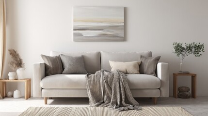 Obraz premium hygge art minimal living room full view, soft fabric sofa, wool blanket, warm ambient light, neutral earthy tones