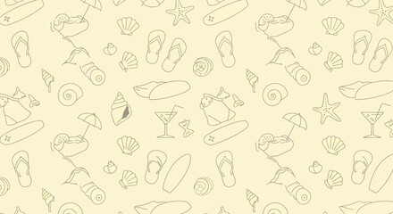 Seamless Summer Beach Pattern with Seashells Surfboards and Tropical Drinks.