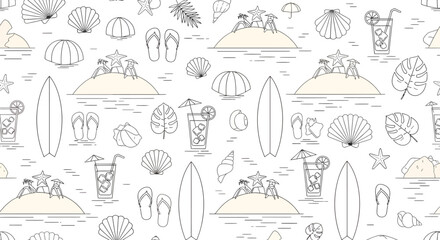 Summer beach vacation pattern with tropical islands surfboards cocktails and seashells.