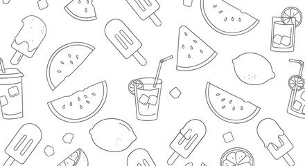 Summer Outlined Pattern with Watermelon Lemon Popsicles and Refreshing Drinks.