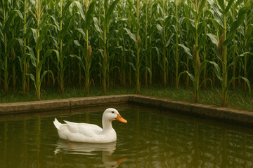 Obraz premium Duck swimming in pond with tall grass.