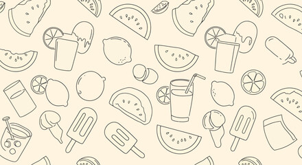 Summer Outlines Watermelon Lemon Popsicles and Refreshing Drinks Pattern.