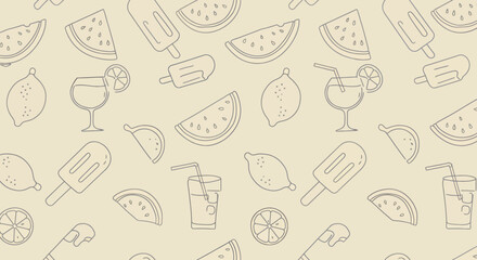 Summer Outlines Watermelon Lemon Popsicle and Drinks Pattern.