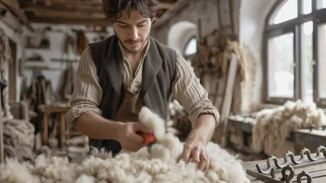 Rural farmer handling raw wool after sheep shearing, preparing fleece for processing in a traditional farm setting. Video. 