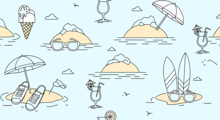 Summer themed line art pattern with islands drinks surfboards and accessories.