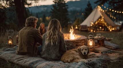 Family camping with dog near cozy campfire