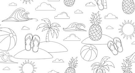 Summer themed outline pattern with pineapples islands waves and beach balls.